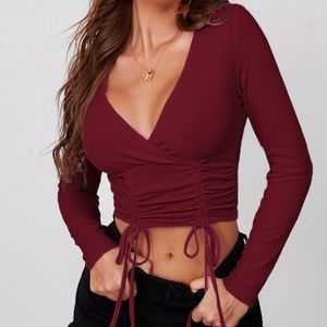 V Neck Crop Top Ribbed Red Long Sleeve